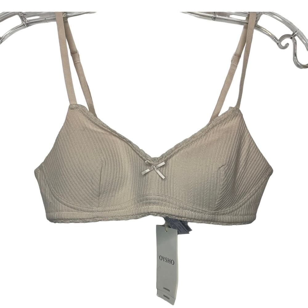 NWT Oysho Bra Bandeau 32B Nude Beige Ribbed Cotton Blend Wireless Comfort Womens
